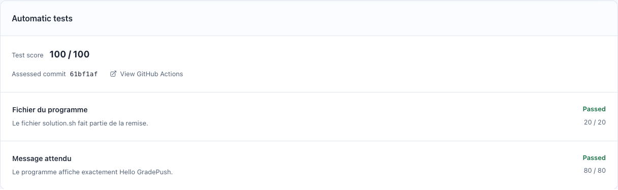 Points earned for each test and the link to GitHub Actions.